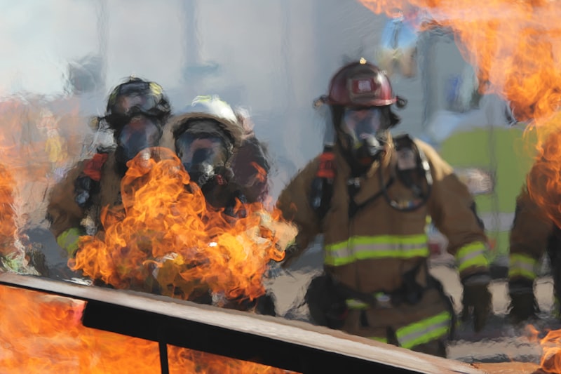 Firefighters during a fire safety drill